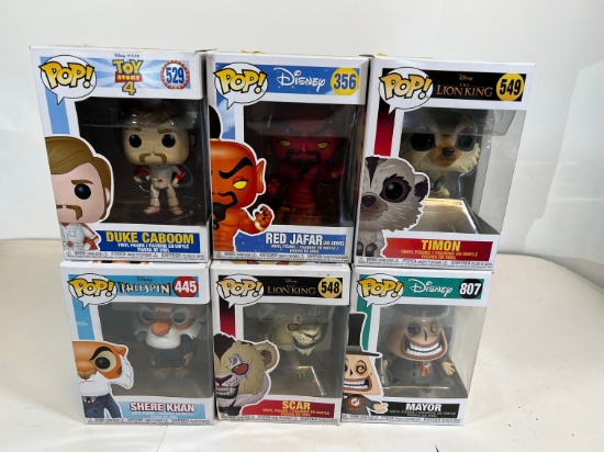 FUNKO POP! DUKE CABOOM #529, RED JAFAR #359, TIMON #549,SHERE KHAN #445,SCA