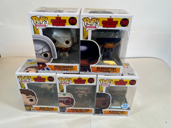 FUNKO POP: PEACEMAKER #1110, BLOODSPORT #1109, RICK FLAG #1115, POLKA-DOT M