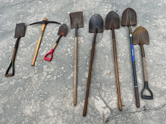 (7) SHOVELS (1) PICK AXE ASSORTED