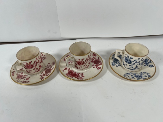 CUPS & SAUCERS - FLORAL (2 RED, 1 BLUE) GOLD TRIM (HALLMARKED)