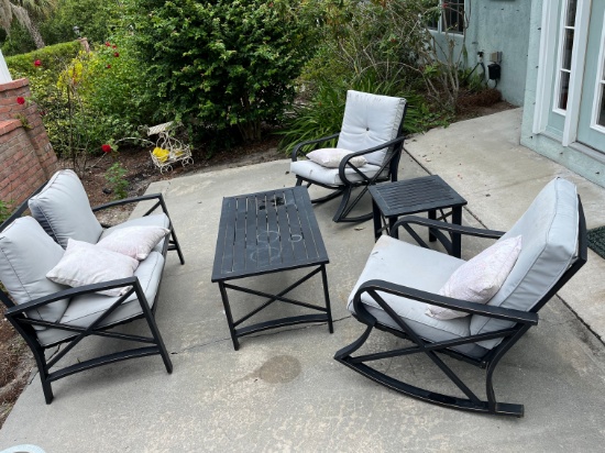 LOT - 5 PC PATIO SET - LOVE SEAT, 2 ROCKERS, COFFEE TABLE & END TABLE (WITH