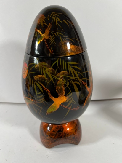 BLACK LACQUER, HAND PAINTED EGG SHAPED JAR - VIETNAM