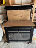 TOOL BENCH WITH 4 DRAWERS, PEG BOARD N SHELF - BLACK METAL/WOOD TOP