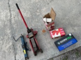 TOOLS ASSORTED - 2 JACKS, 1 BOTTLE JACK, WHEEL CHOCKS, RATCHET STRAPS