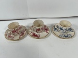 CUPS & SAUCERS - FLORAL (2 RED, 1 BLUE) GOLD TRIM (HALLMARKED)
