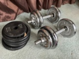 LOT - 2 DUMBELLS (WITH ASSORTED PLATE WEIGHTS)