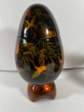 BLACK LACQUER, HAND PAINTED EGG SHAPED JAR - VIETNAM