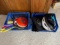 LOT - ASSORTED OUTDOOR ACTIVITIES - FRISBEE, SHUTTLECOCKS, HELMET, RACKETS,