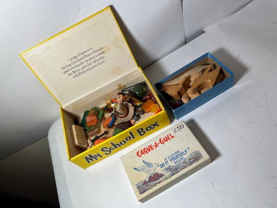 LOT ASSORTED VINTAGE TOYS, SCHOOL BOX, CARVE A GULL KIT