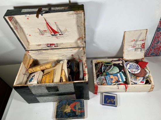 LARGE LOT - ANTIQUE CHEST WITH ASSORTED PINS, FIRST EDITION BOY SCOUT HANDB