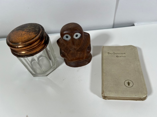ASSORTED - JAR WITH ETCHED COPPER LID, WOOD CARVED FIGURE, VINTAGE NEW TEST