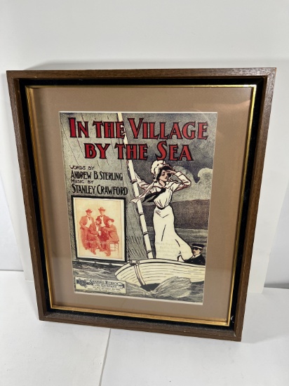 "IN THE VILLAGE BY THE SEA" FRAMED ANTIQUE SHEET MUSIC - SHAPIRO, REMICK AN