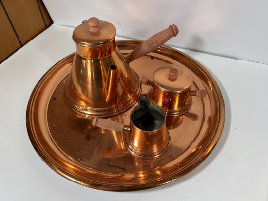 SET - COPPER/WOOD HANDLES COFFEE KETTLE, CREAMER, SUGAR BOWL & TRAY - "JAPA