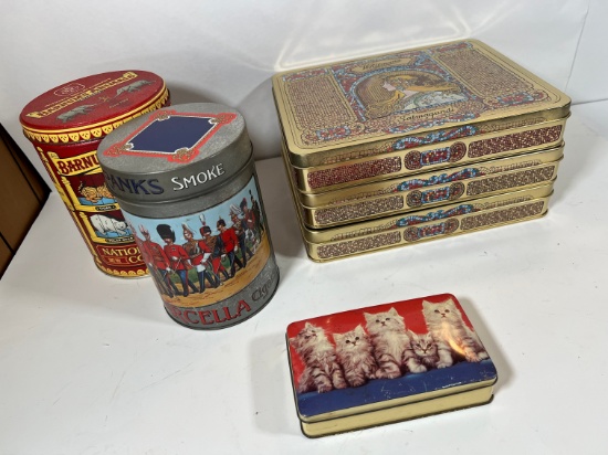 VINTAGE TINS (WHITMANS, BARNUM'S ANIMAL CRACKERS, FRANKS SMOKE CIGARS, ETC)