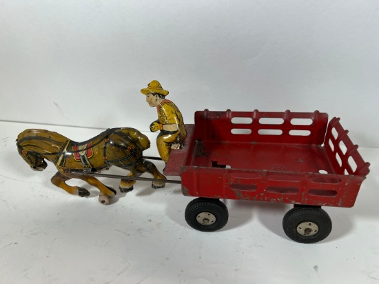 MARX ANTIQUE TIN TOY - PULLED WAGON & SOLDIER