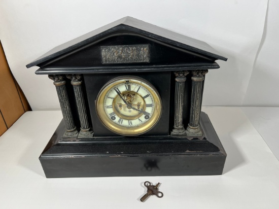 ASONIA CLOCK CO BLACK MANTLE CLOCK - WHITE MARBLE FACE (SOLDIER EMBLEM) BLA