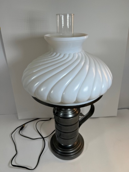 VINTAGE HURRICANE LAMP - WHITE SHADE, SILVER TONE BASE