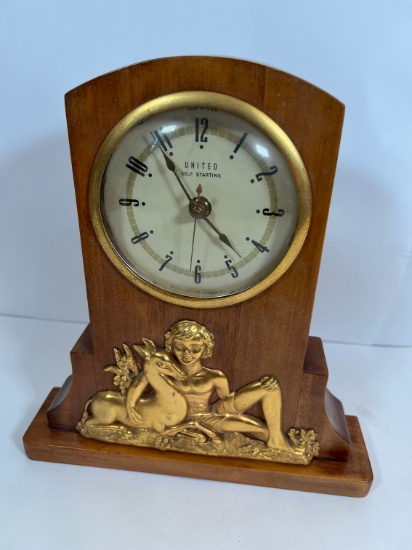 UNITED CLOCK CORP MANTLE CLOCK - BOY/DEER SELF-STARTING