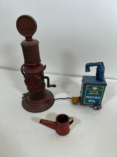 VINTAGE CAST IRON/TIN TOYS - GAS PUMP, MOTOR OIL, & TANK