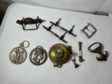 LOT - ASSORTED BRASS HANDLES, KEY CHAINS, BUNSON BURNER, ETC
