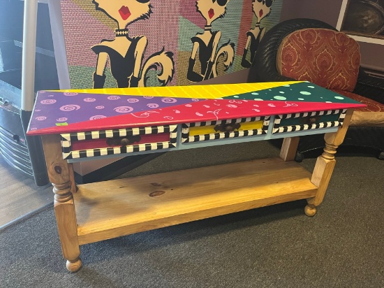 HANDPAINTED WOOD TABLE - WITH 3 DRAWERS - 60" LONG