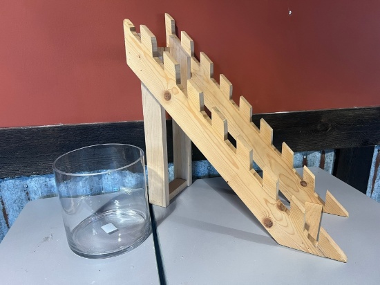 ASSORTED - (1) WOOD RACK (1) GLASS DISPLAY BOWL
