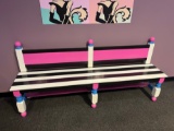 HANDPAINTED WOOD BENCH - PINK/BLACK/WHITE - APPROX 6.5' LONG