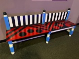 HANDPAINTED WOOD BENCH -  BLACK/WHITE/RED - APPROX 6.5' LONG