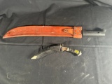 (1) MACHETE (1) KNIFE - LEATHER SHEATHS
