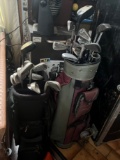 ASSORTED CLUBS - INCLUDES GOLF BAGS, IRONS, WEDGES, PUTTERS, DRIVERS, ETC
