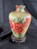 PORCELAIN HANDPAINTED VASE - VINTAGE - WITH ORNATE WOOD STAND