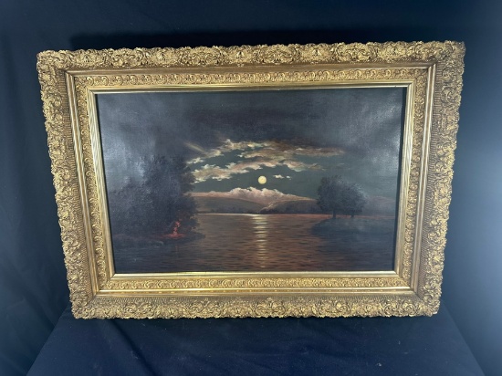 ANTIQUE OIL PAINTING (MOONLIGHT) - ORNATE FRAME