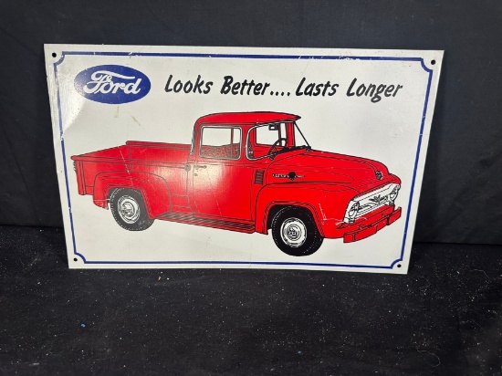 VINTAGE METAL FORD "LOOKS BETTER… LAST LONGER" TRUCK SIGN