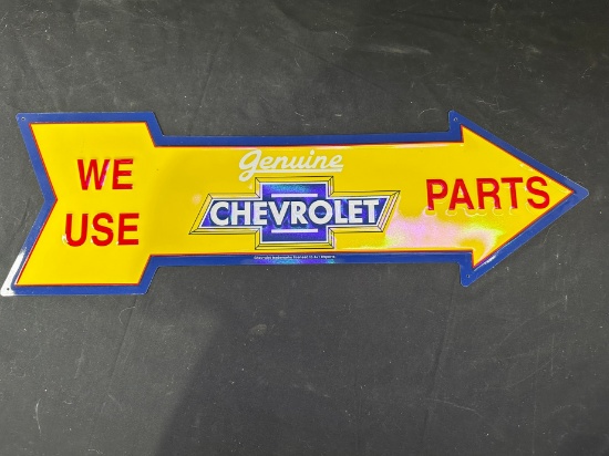 VINTAGE METAL GENUINE CHEVROLET ARROW SIGN "WE USE PARTS"