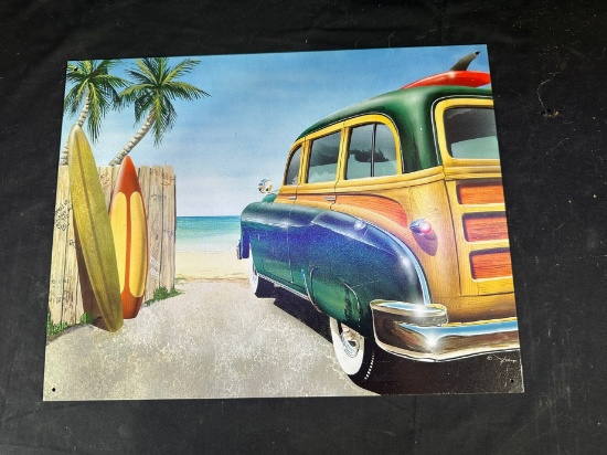 BEACH WOODY SURF BOARD METAL SIGN