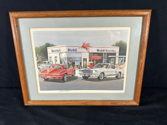 MOBIL SERVICE - PENCIL SIGNED BY JACK SCHMITT - FRAMED PRINT