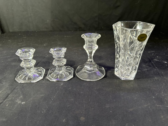 CUT CRYSTAL ASSORTED (3) CANDLE HOLDERS (1) VASE