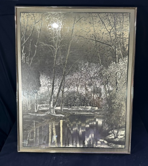 FRAMED ARTWORK - LAKE SCENE (GOLD TONE ETCHING)