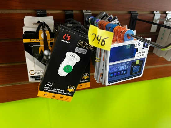 CELLPHONE ACCESSORIES ASSORTED - LENS SHEIELDS, CAR CHARGERS, ETC