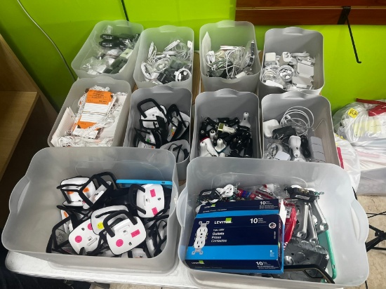 BINS - FULL OF ASSORTED CELLPHONE ACESSORIES, TAGS, ELECTRICAL, ETC