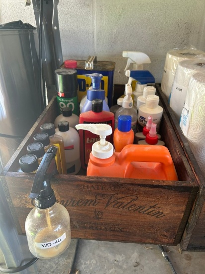 LOT ASSORTED LUBRICANTS, WD 40 ETC & 2 WINE BOX