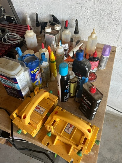 LOT ASSORTED SOLVENTS, RESIN, WOODWORKING CLAMPS, ETC