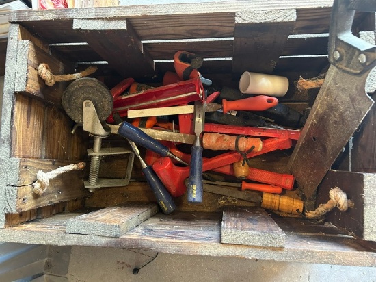 LOT - ASSORTED HANDTOOLS IN WOOD CRATE