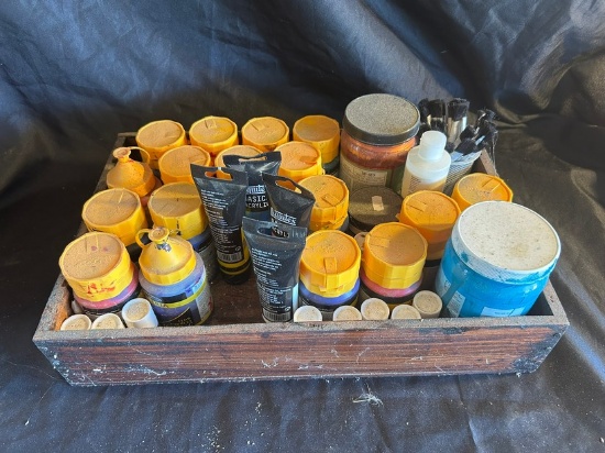LOT ASSORTED ACRYLIC PAINT ETC - IN WOOD CRATE