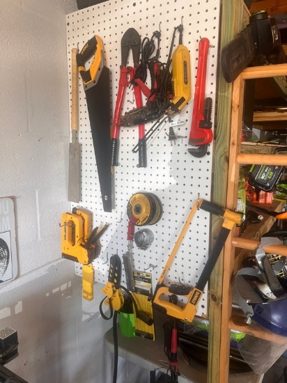 LOT ASSORTED HANDTOOLS, PIPE WRENCH, DEWALT SAWS, ETC