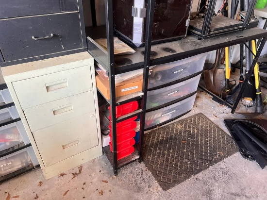 LOT - DESK, PLASTIC STORAGE CABINET, BEIGE METAL FILE N ASSORTED SUPPLIES,
