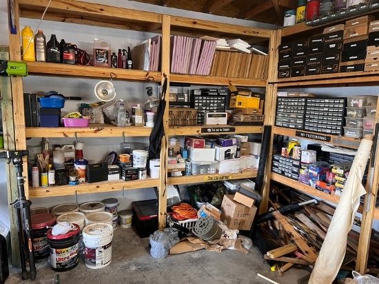 XL LARGE LOT - CONTENTS OF SHELF - HARDWARE, PARTS BINS, PAINT, EXT. CORDS,
