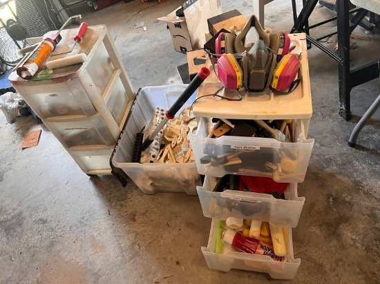 LOT - (2) CABINETS (1) BIN - FULL OF PAINT SUPPLIES, BRUSHES, YARN, ETC