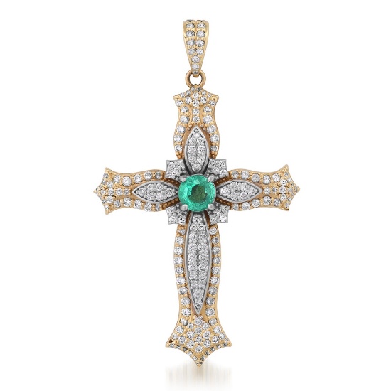 14K YELLOW GOLD 3.00CT EMERALD 3.00CT DIAMOND CROSS