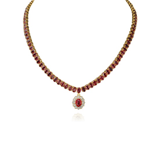 14K YELLOW GOLD 30CT RUBY 2.00CT DIAMOND NECKLACE WITH PENDANT